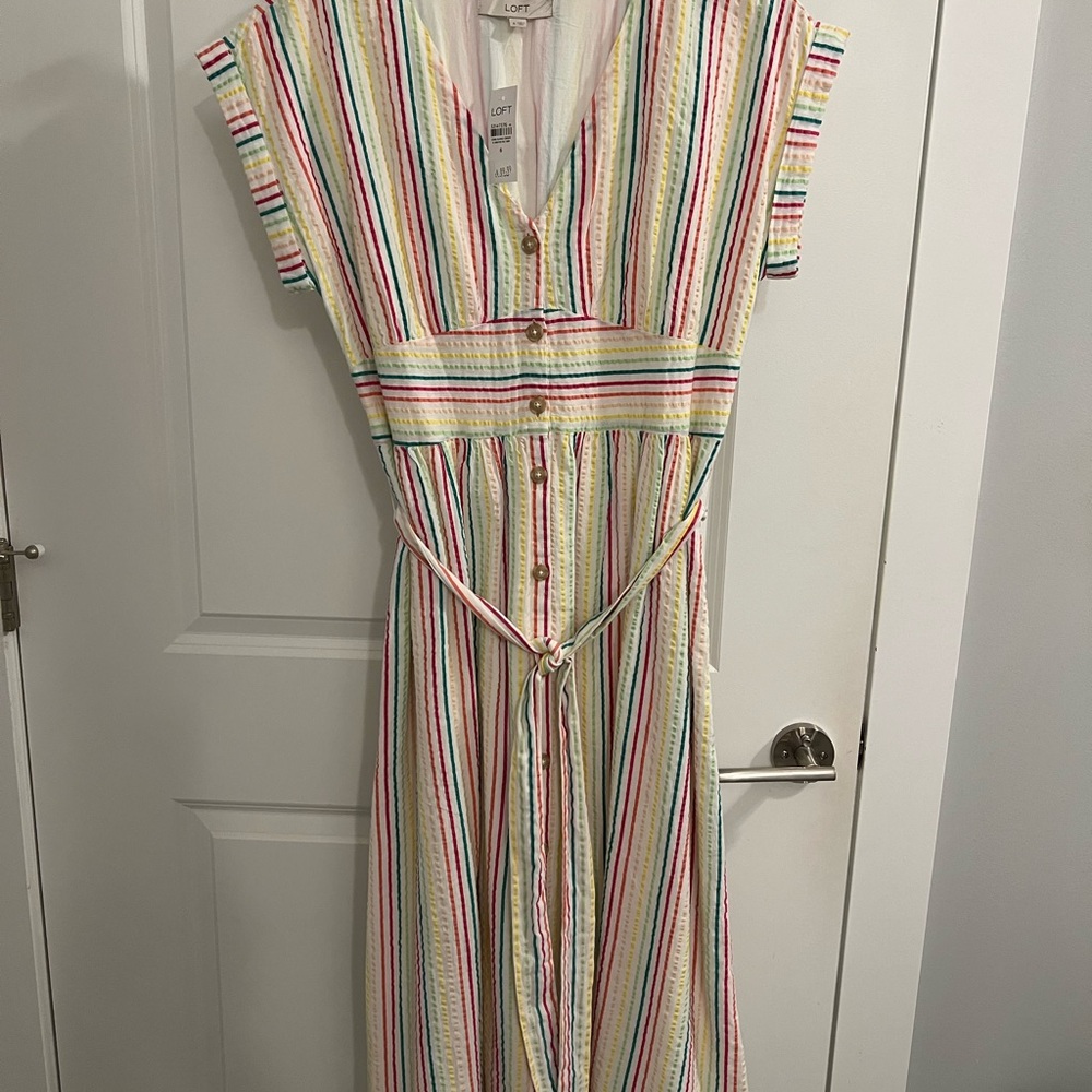 NWT LOFT Fully lined, 100% Cotton Colorful Striped Belted Midi Dress - Size 6